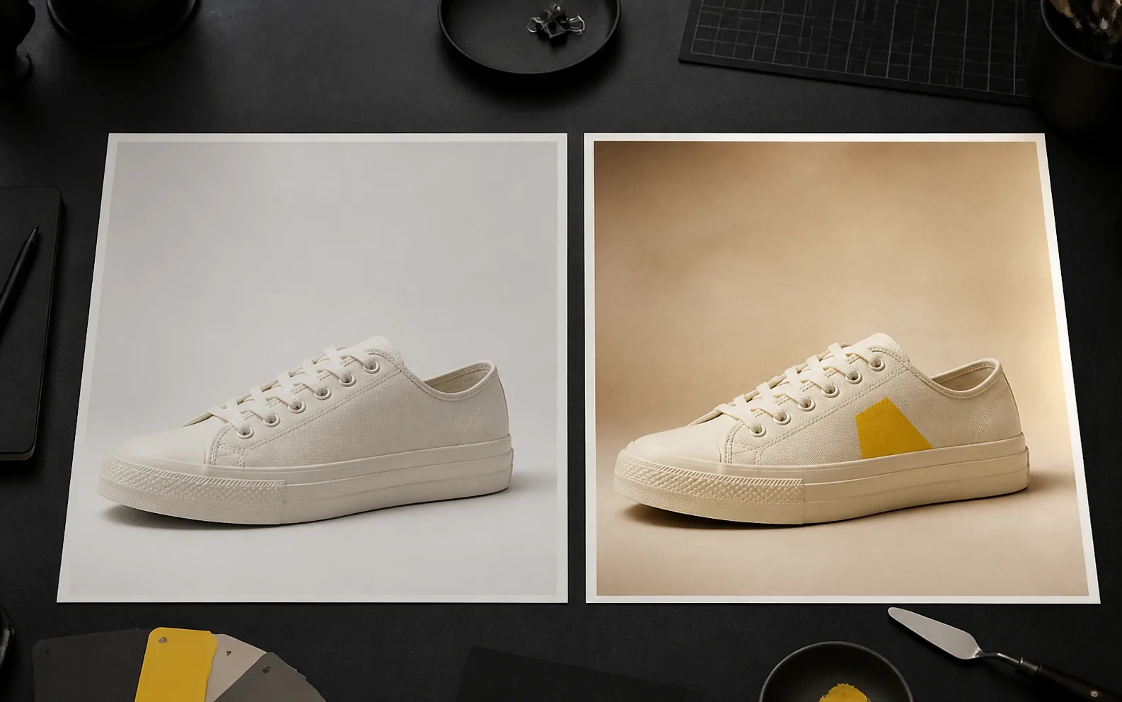 Before-and-after sneaker image showing a focused yellow material edit