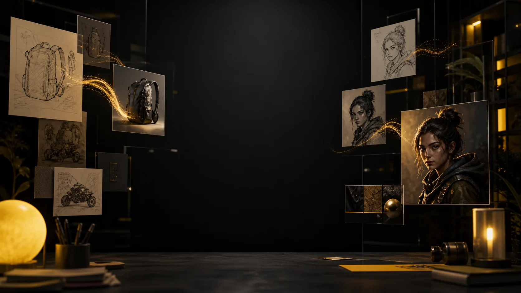 A dark creative studio showing sketches, reference images, and finished yellow-accented campaign visuals