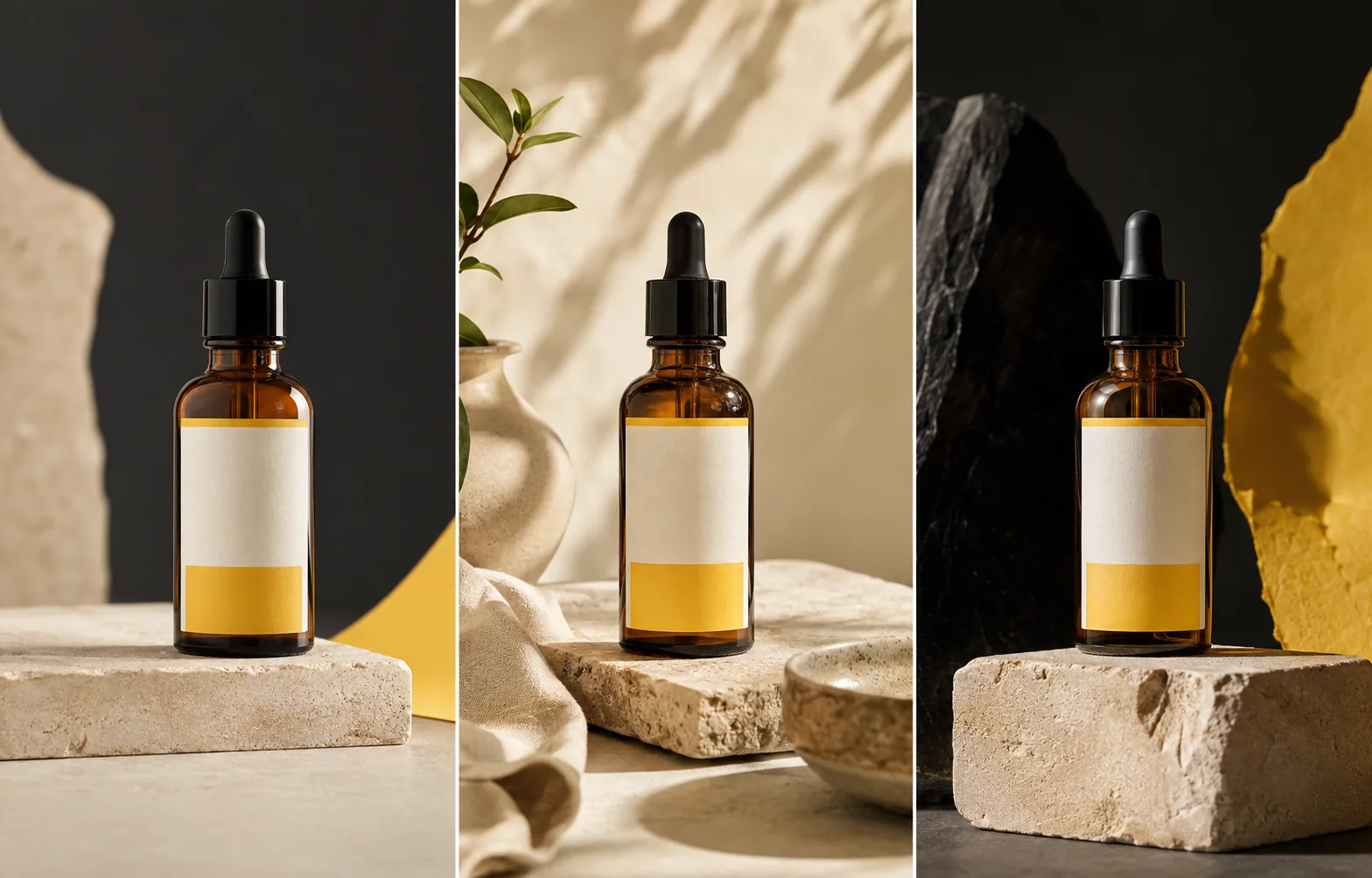 The same amber skincare bottle shown in three coordinated yellow, cream, and black campaign layouts