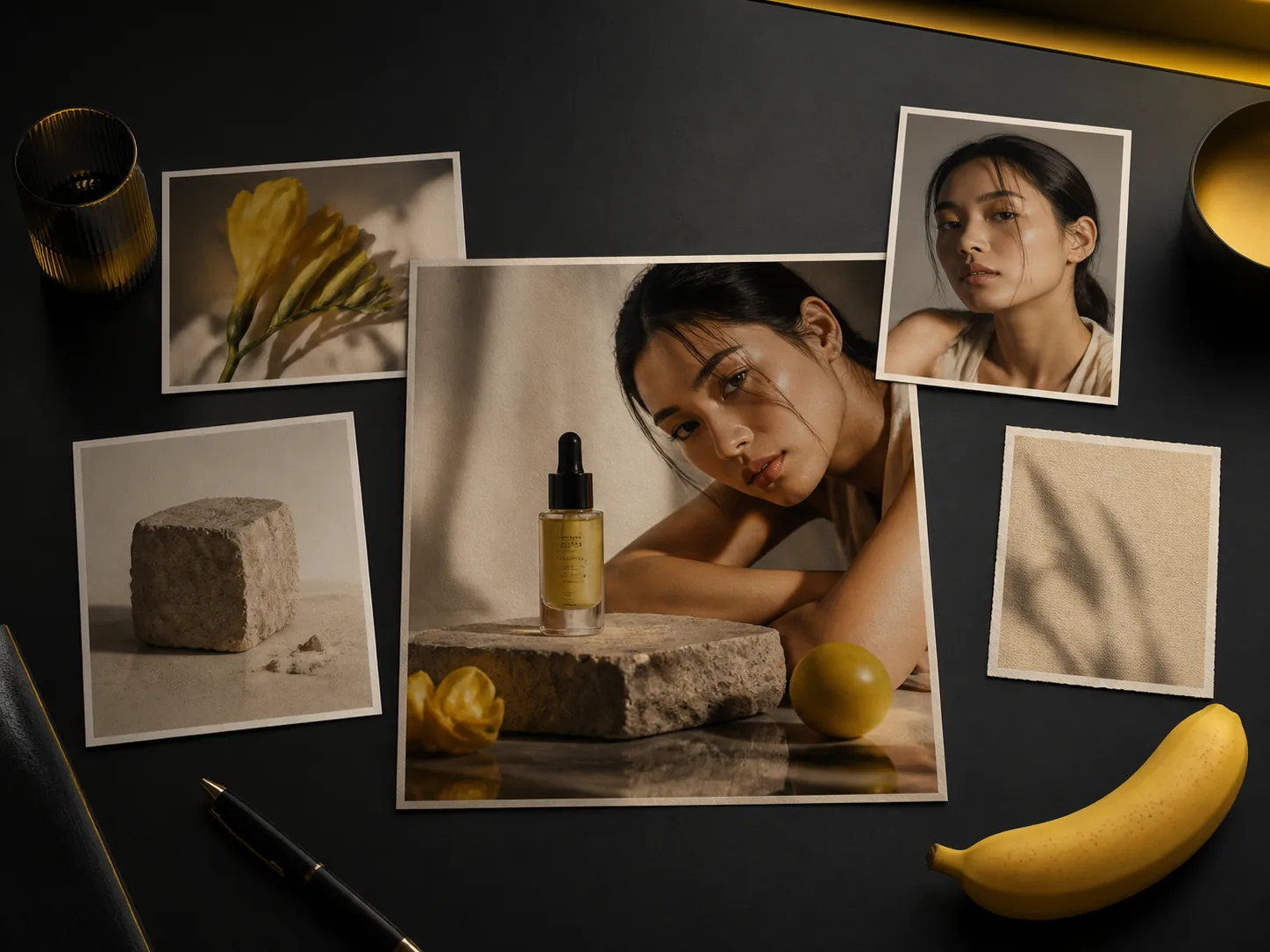 Portrait, product, color, and material references arranged beside a cohesive campaign image