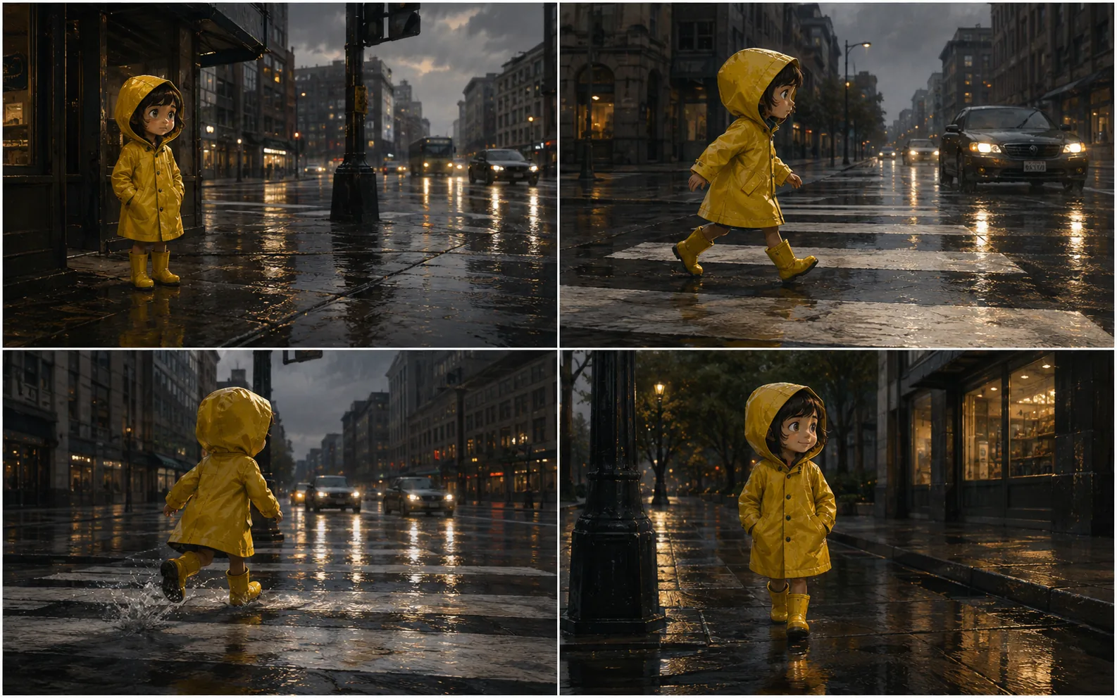 Four rainy-city storyboard panels featuring the same character in a yellow raincoat