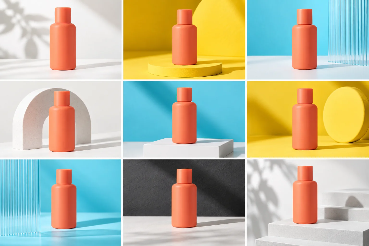 The same coral product bottle across nine coordinated ecommerce studio variations