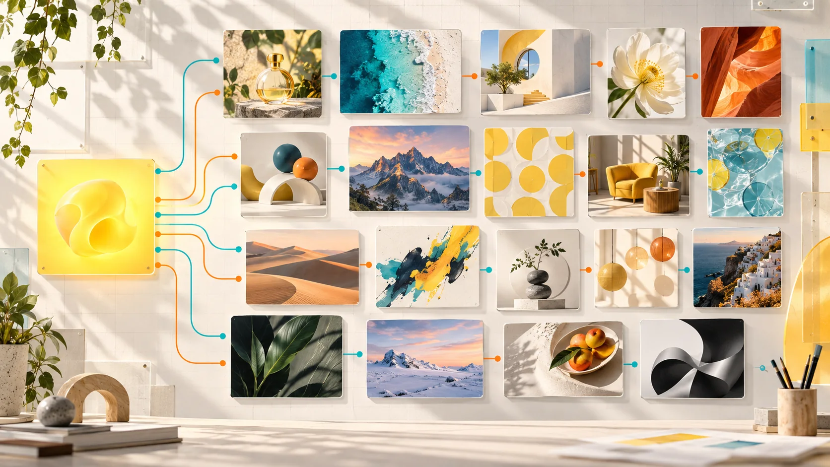 A luminous yellow source card branching into fourteen organized visual variations