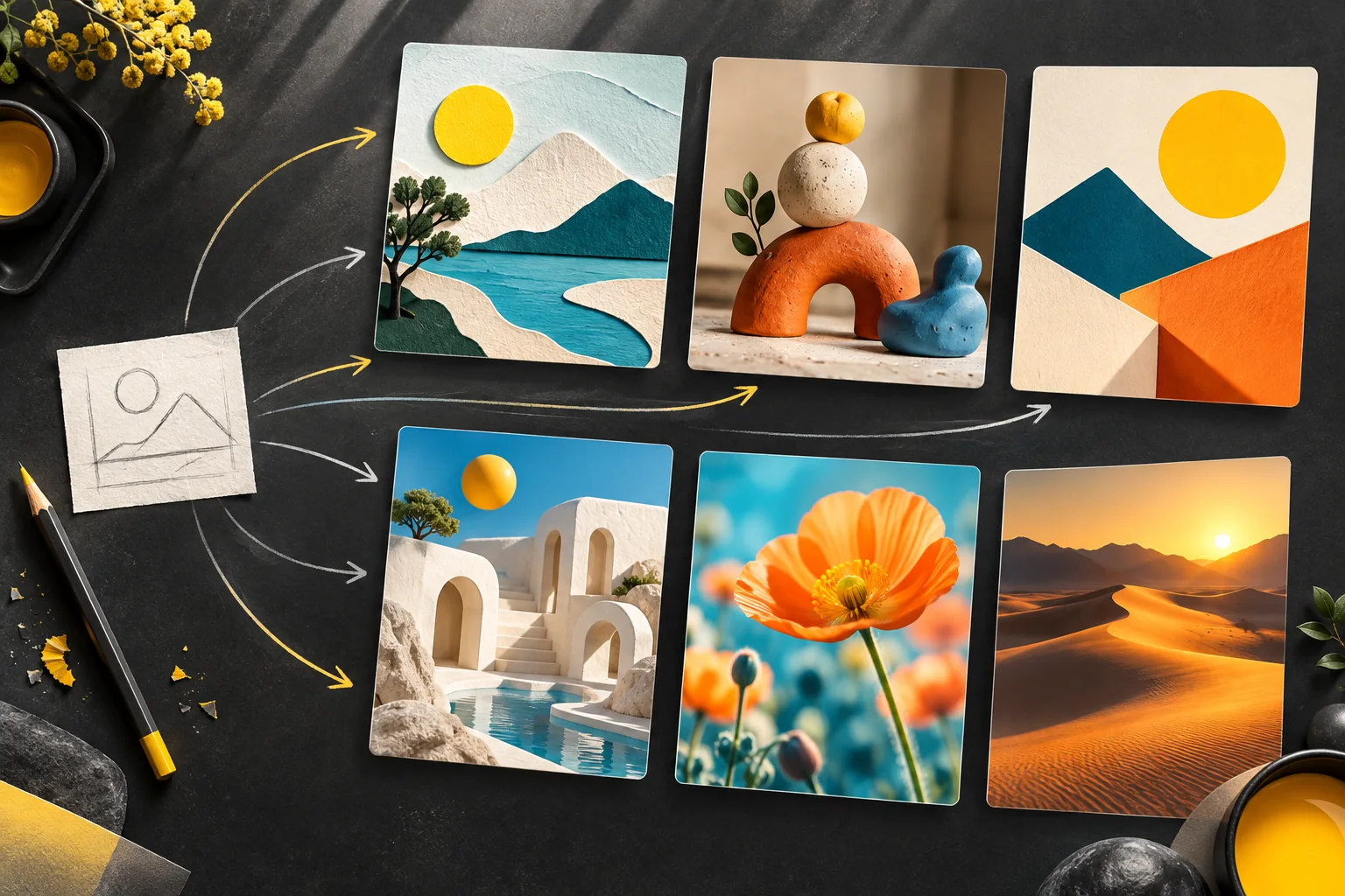 One pencil thumbnail expanding into six distinct polished visual concepts