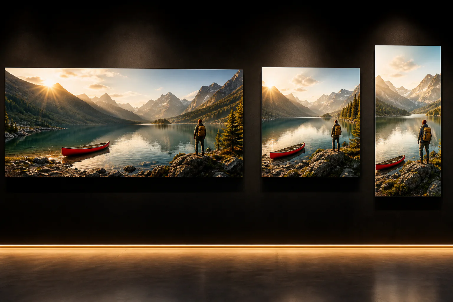 The same alpine lake campaign recomposed as wide, square, and tall gallery images