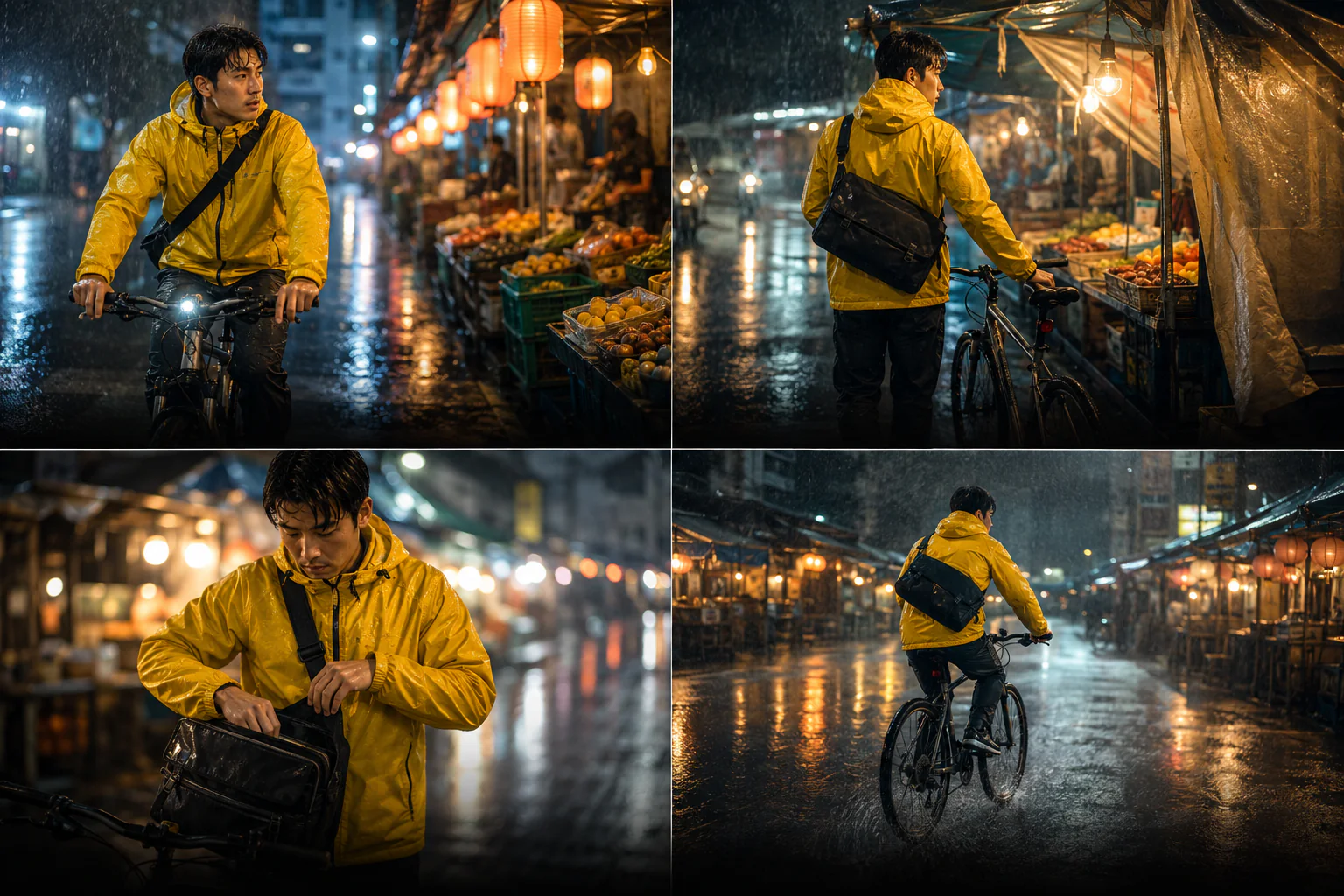 Four rainy night-market frames featuring the same bicycle courier in a yellow jacket