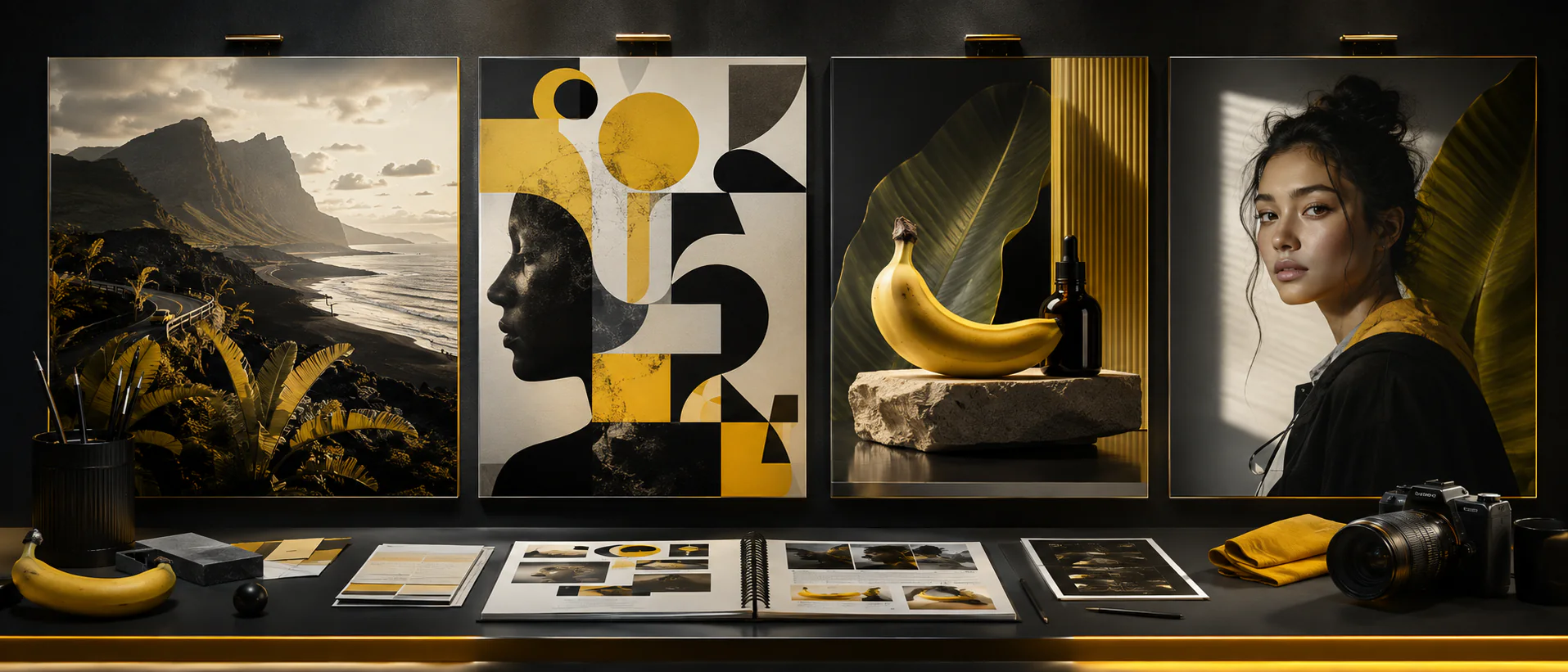 Creative studio wall showing coordinated landscape, graphic, product, and character imagery
