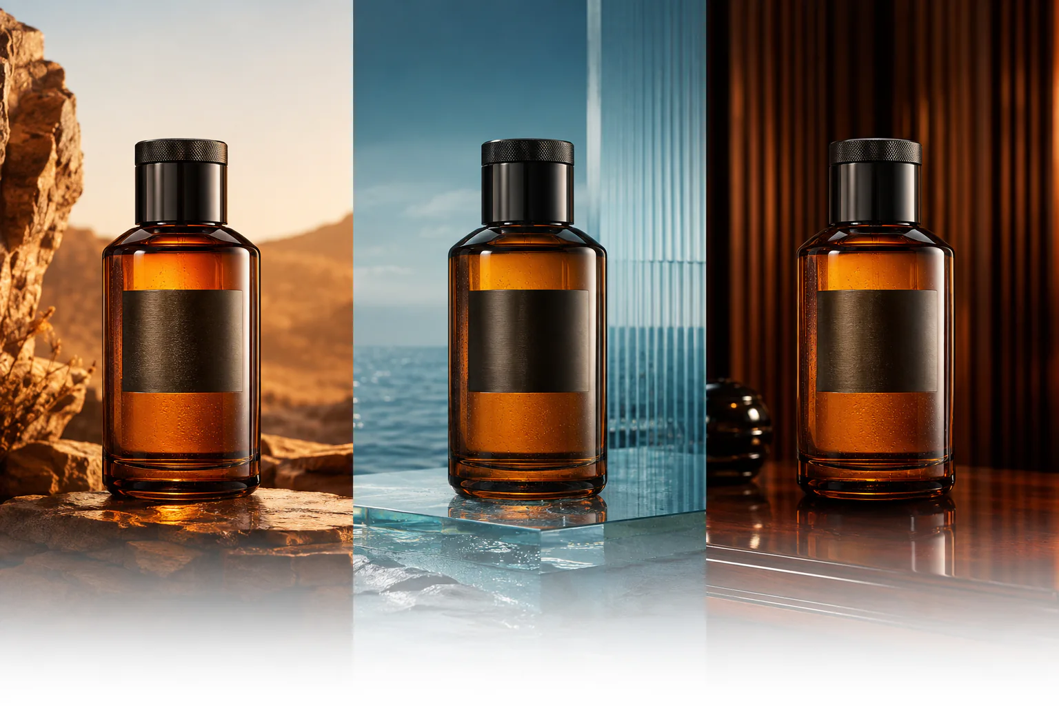Consistent amber bottle shown in desert, coastal, and lacquered studio campaign settings
