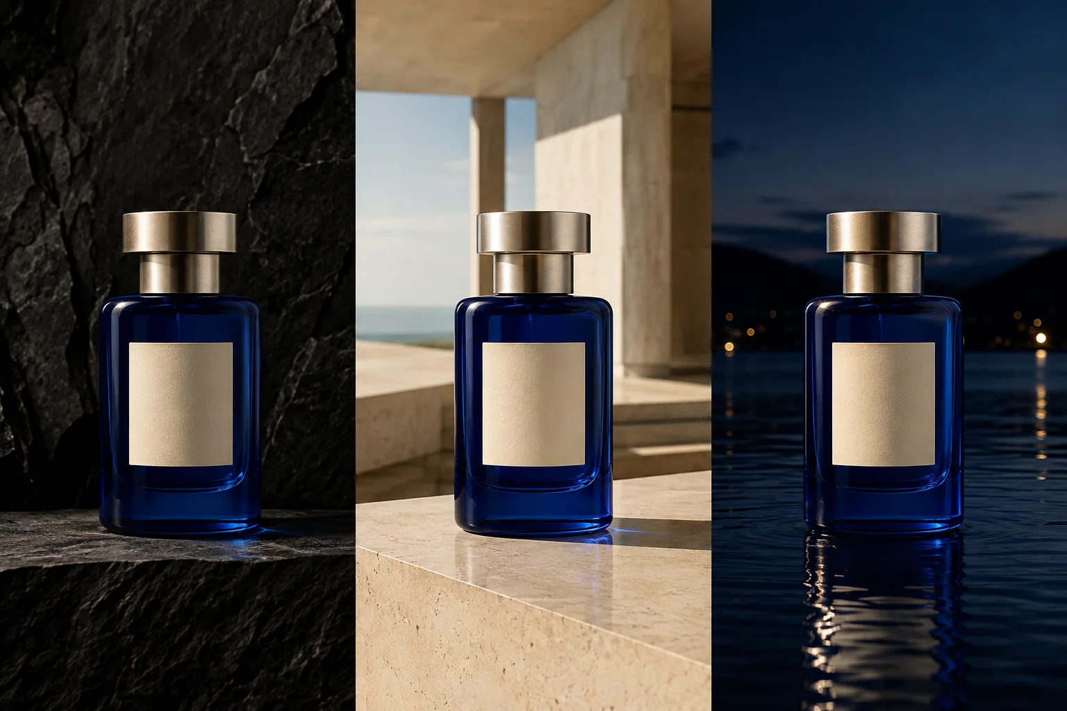 Identical cobalt perfume bottle shown consistently across black stone, modernist architecture, and midnight water campaigns
