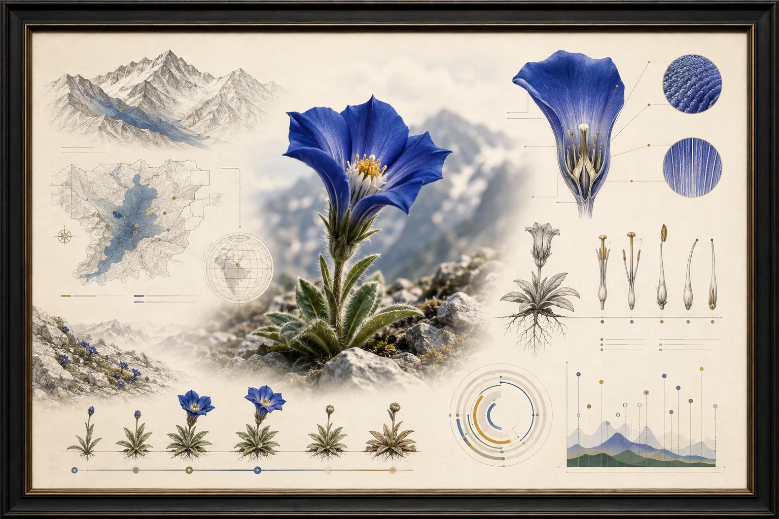 Museum-style botanical infographic combining an alpine flower, habitat map, anatomy drawings, and data charts