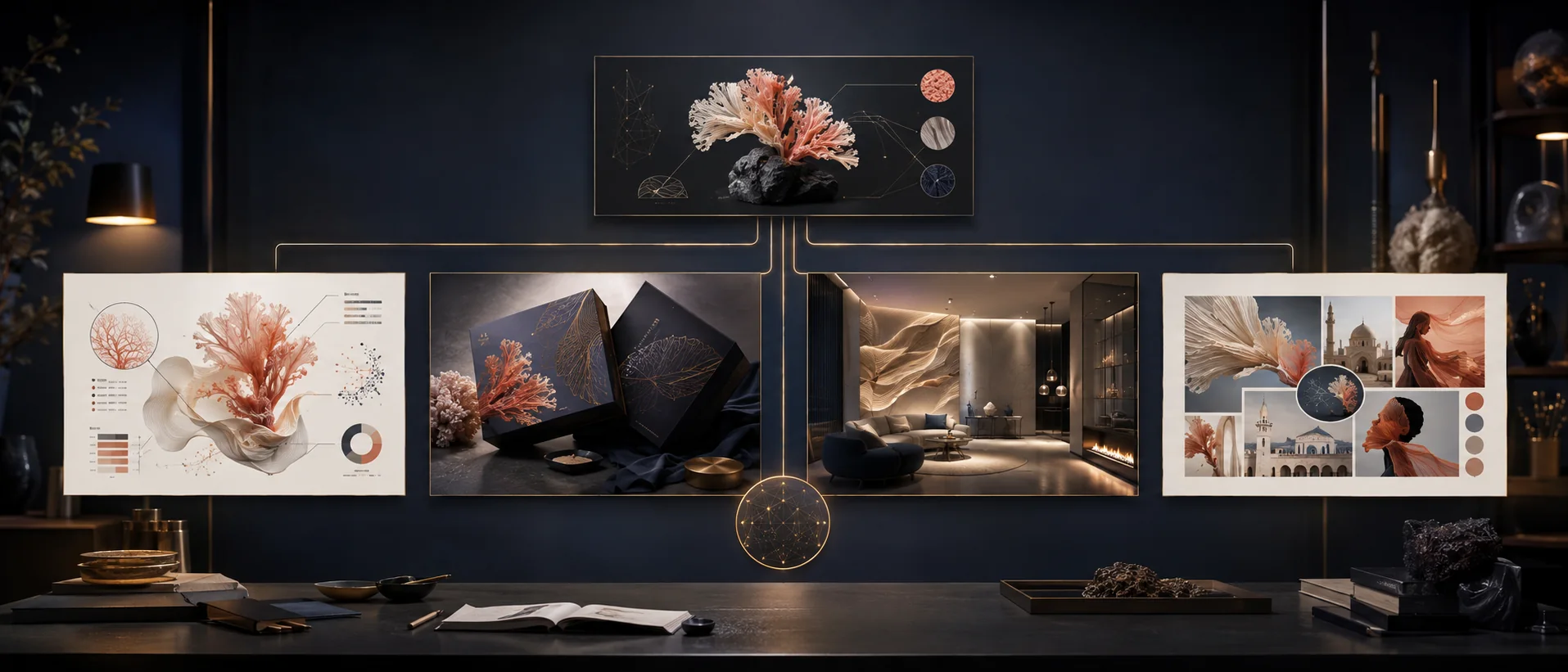Creative director review wall connecting an infographic, luxury package, interior visualization, and editorial campaign
