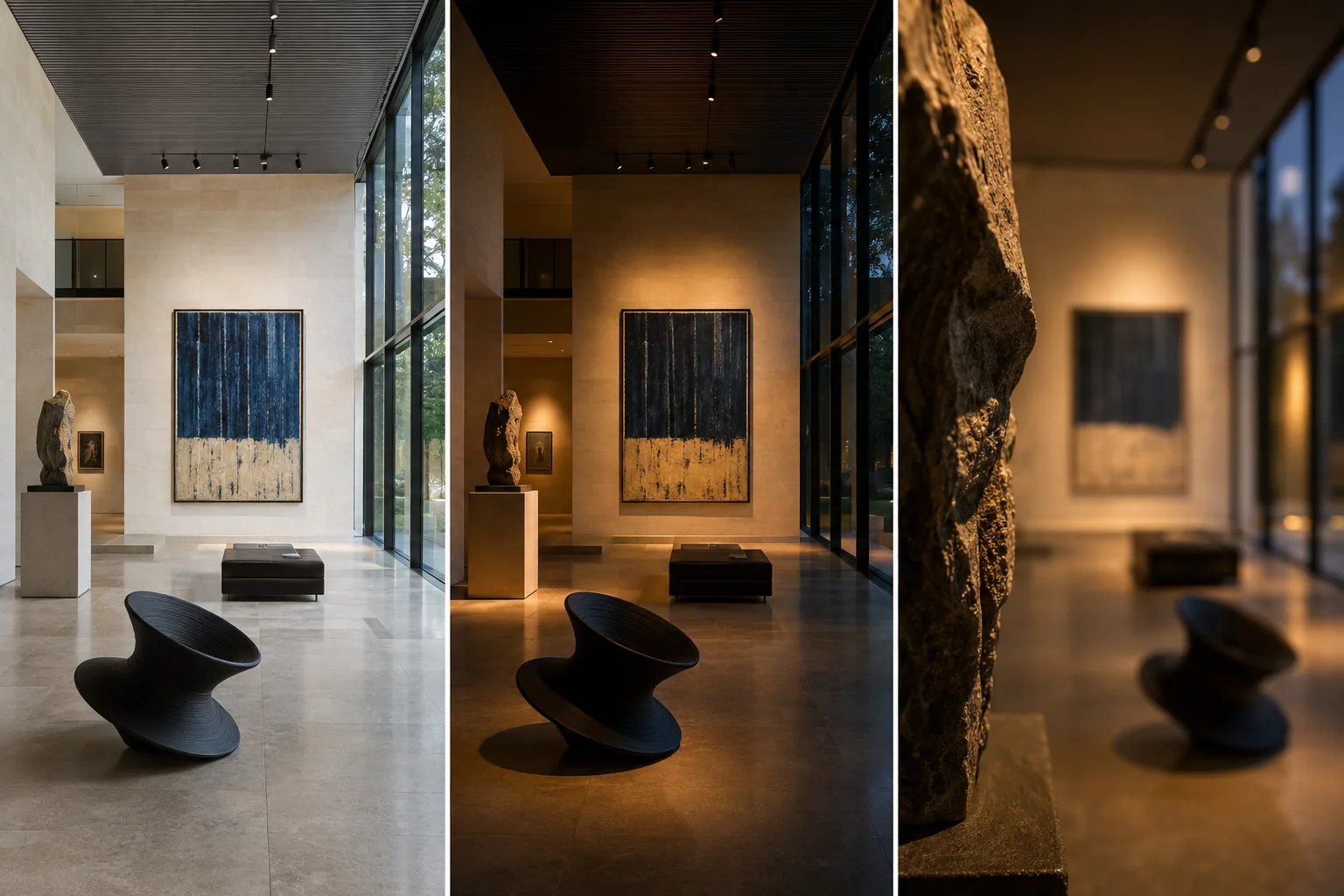The same modern gallery shown in daylight, cinematic night lighting, and a shallow-focus close detail
